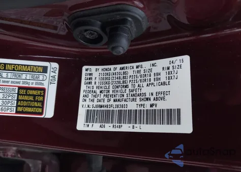 2015 Honda Cr-V Touring from USA, damaged, VIN 5J6RM4H93FL063603